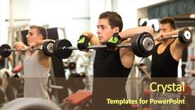  Presentation with group fitness - Colorful presentation enhanced with sport fitness lifestyle and people concept - group of men with barbells in gym backdrop and a tawny brown colored foreground