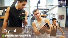  Presentation with taking notes - Presentation design enhanced with sport fitness lifestyle and people concept - men with clipboard taking notes and exercising on gym machine background and a coral colored foreground