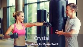  Presentation with woman sport - Amazing presentation theme having sport fitness lifestyle and people concept - smiling woman with personal trainer boxing in gym backdrop and a navy blue colored foreground