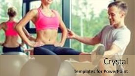  Presentation with gym ball - Theme consisting of sport fitness lifestyle and people concept - smiling man and woman with exercise ball in gym background and a coral colored foreground