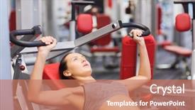  Presentation with flexing - Theme with sport fitness lifestyle and people concept - young woman flexing muscles on gym machine background and a coral colored foreground