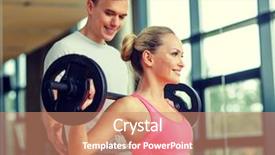  Presentation with barbell - Presentation theme with sport fitness lifestyle and people concept - smiling man and woman with barbell exercising in gym background and a coral colored foreground