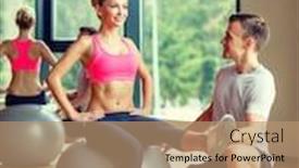  Presentation with gym ball - PPT layouts enhanced with sport fitness lifestyle and people concept - smiling man and woman with exercise ball in gym background and a coral colored foreground