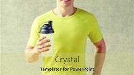  Presentation with protein shake - Cool new presentation theme with sport fitness lifestyle and people concept - smiling man with protein shake bottle in gym backdrop and a yellow colored foreground