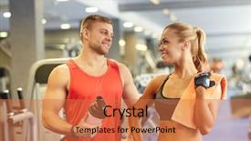  Presentation with protein shake - Slide set featuring sport fitness lifestyle and people concept - smiling man and woman with protein shake bottle and towel talking in gym background and a coral colored foreground