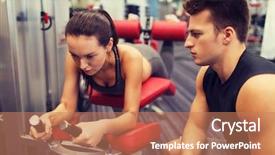  Presentation with flexing - Cool new PPT layouts with sport fitness lifestyle and people concept - young woman and personal trainer flexing leg muscles on gym machine backdrop and a coral colored foreground