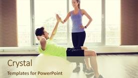  Presentation with flexing - Beautiful slide deck featuring sport fitness lifestyle and people concept - smiling man and woman flexing muscles with exercise ball in gym backdrop and a soft green colored foreground
