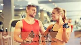  Presentation with protein shake - Colorful theme enhanced with sport fitness lifestyle and people concept - smiling man and woman with protein shake bottle and towel talking in gym backdrop and a coral colored foreground