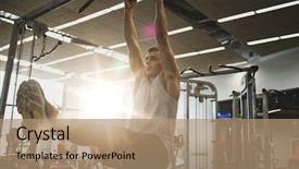  Presentation with abdominal - Colorful slide deck enhanced with sport fitness lifestyle and people concept - young man flexing abdominal muscles on pull-up bar in gym backdrop and a coral colored foreground