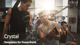  Presentation with taking notes - PPT layouts enhanced with sport fitness lifestyle and people concept - men with clipboard taking notes and exercising on gym machine background and a tawny brown colored foreground