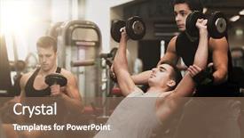  Presentation with group fitness - Colorful slide set enhanced with sport fitness lifestyle and people concept - group of men with dumbbells in gym backdrop and a violet colored foreground