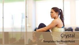  Presentation with heart rate - Presentation theme consisting of sport fitness lifestyle and people concept - woman with heart rate tracker or smartwatch in gym background and a coral colored foreground