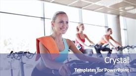 Presentation with exercise bike - Presentation theme enhanced with sport fitness lifestyle equipment and people concept - group of women riding on exercise bike in gym background and a ocean colored foreground