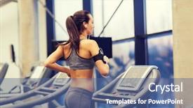 Presentation with woman sport - Slide deck featuring sport fitness lifestyle technology and people concept - woman with smartphone or player and earphones exercising on treadmill in gym background and a ocean colored foreground