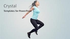  Presentation with sport blue - Beautiful slide set featuring sport fitness motion and people concept - happy smiling young woman jumping in air over blue background backdrop and a light gray colored foreground