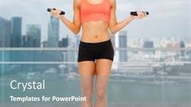  Presentation with loss - Theme having sport fitness people and weight loss - smiling sporty woman jumping with skipping rope over city waterside background background and a gray colored foreground