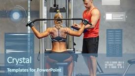  Presentation with flexing - Theme with sport fitness teamwork and people concept - young woman and personal trainer flexing muscles on gym machine over virtual charts background and a ocean colored foreground