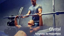  Presentation with bodybuilding - Beautiful slides featuring sport fitness teamwork bodybuilding and people concept - young woman and personal trainer with barbell flexing muscles in gym backdrop and a gray colored foreground