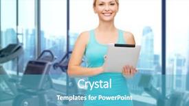  Presentation with machines - Presentation theme consisting of sport fitness technology advertisement and people concept - smiling sporty woman with tablet pc computer over gym machines background background and a teal colored foreground