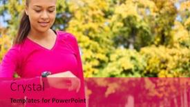  Presentation with heart rate - Beautiful presentation theme featuring sport fitness technology healthcare and people concept - smiling young african american woman with heart rate watch over autumn park background backdrop and a red colored foreground
