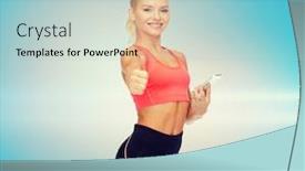  Presentation with healthcare technology - Slide set with sport fitness technology internet and healthcare concept - smiling sporty woman with smartphone showing thumbs up background and a lemonade colored foreground