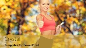  Presentation with healthcare technology - Cool new presentation design with sport fitness technology internet and healthcare concept - smiling sporty woman with smartphone showing thumbs up backdrop and a gold colored foreground