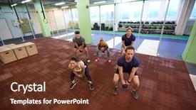  Presentation with weightlifting - Amazing presentation having sport fitness weightlifting and training concept - group of people with kettlebells and heart-rate trackers exercising in gym backdrop and a tawny brown colored foreground