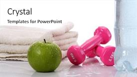  Presentation with food sport - Amazing theme having sport food - towel water apple dumbells lying backdrop and a white colored foreground