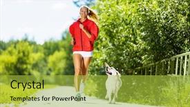  Presentation with girl running on the beach clouds - Slide set featuring sport girl running with dog background and a yellow colored foreground