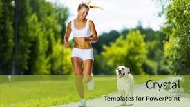  Presentation with girl running on the beach clouds - Beautiful slide set featuring sport girl running with dog backdrop and a yellow colored foreground