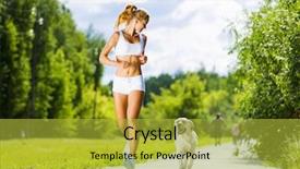  Presentation with girl running on the beach clouds - Colorful presentation design enhanced with sport girl running with dog backdrop and a yellow colored foreground
