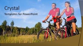  Presentation with bicycles - Slides having sport health - couple of cyclists riding bicycles background and a light blue colored foreground