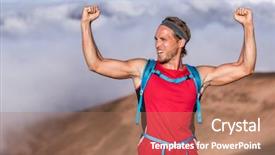  Presentation with achievement mountain - PPT theme with sport hiker on summit background and a coral colored foreground