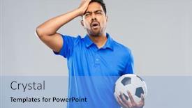  Presentation with failure - Colorful PPT theme enhanced with sport leisure games and failure concept - disappointed indian man or football fan with soccer ball over grey background backdrop and a light blue colored foreground