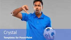  Presentation with failure - Slide set consisting of sport leisure games and failure concept - disappointed indian man or football fan with soccer ball showing thumbs down gesture over grey background background and a cobalt blue colored foreground
