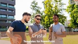  Presentation with outdoor games - Presentation theme consisting of sport leisure games and male friendship concept - group of men or friends with smartphone at outdoor basketball playground background and a coral colored foreground