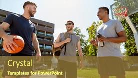  Presentation with basketball court - Beautiful slide set featuring sport leisure games and male friendship concept - group of men or friends laughing on basketball court outdoors backdrop and a tawny brown colored foreground