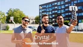  Presentation with outdoor games - Colorful slides enhanced with sport leisure games and male friendship concept - group of happy men or friends taking selfie by smartphone on tripod at outdoor basketball playground backdrop and a coral colored foreground