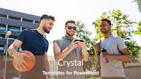  Presentation with outdoor games - Presentation theme having sport leisure games and male friendship concept - group of men or friends with smartphone at outdoor basketball playground background and a coral colored foreground