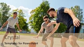  Presentation with friendship - Audience pleasing PPT layouts consisting of sport leisure games and male friendship concept - group of men or friends playing street basketball backdrop and a coral colored foreground