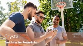  Presentation with outdoor games - Slide set with sport leisure games and male friendship concept - group of men or friends with smartphone at outdoor basketball playground background and a coral colored foreground