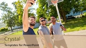  Presentation with outdoor games - Presentation design consisting of sport leisure games and male friendship concept - group of happy men or friends taking selfie on outdoor basketball playground background and a coral colored foreground
