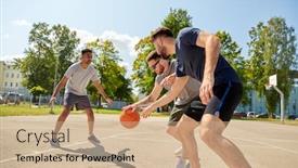  Presentation with friendship - Amazing presentation design having sport leisure games and male friendship concept - group of men or friends playing street basketball backdrop and a coral colored foreground
