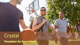  Presentation with play - Presentation theme consisting of sport leisure games and male friendship concept - group of men or friends going to play basketball outdoors background and a tawny brown colored foreground