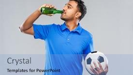  Presentation with beer bottle - Amazing slide deck having sport leisure games and people concept - happy indian man or football fan with soccer ball and beer bottle over grey background backdrop and a light blue colored foreground