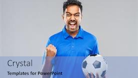  Presentation with victory sport - Audience pleasing slide deck consisting of sport leisure games and success concept - happy indian man or football fan with soccer ball celebrating victory over grey background backdrop and a light blue colored foreground