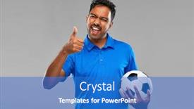  Presentation with victory sport - Cool new presentation with sport leisure games and success concept - happy indian man or football fan with soccer ball celebrating victory and showing thumbs up over grey background backdrop and a teal colored foreground