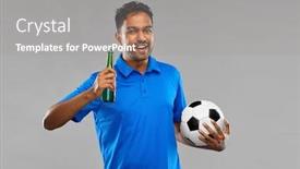  Presentation with victory sport - Beautiful slide deck featuring sport leisure games and success concept - happy indian man or football fan with soccer ball and beer bottle celebrating victory over grey background backdrop and a gray colored foreground