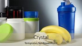  Presentation with supplement - Presentation design consisting of sport nutrition supplement containers background and a mint green colored foreground