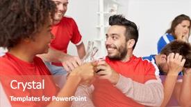  Presentation with victory sport - Amazing PPT layouts having sport people friendship and entertainment concept - happy football fans or friends drinking beer and celebrating victory at home backdrop and a coral colored foreground